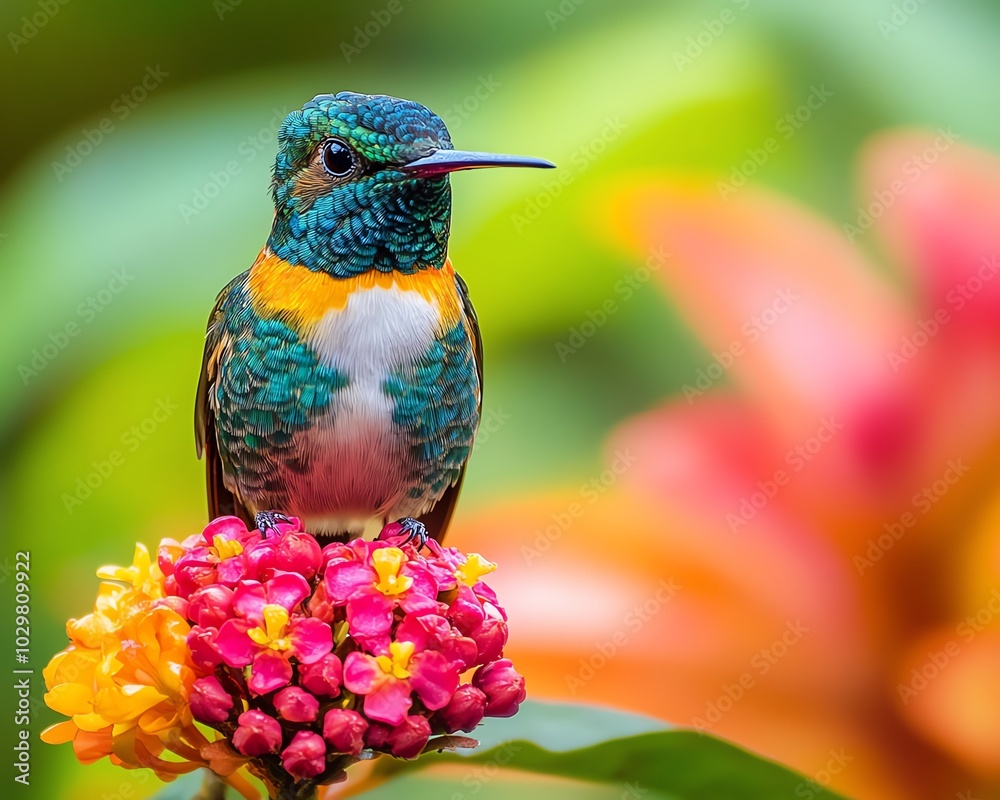 Fototapeta premium Colorful hummingbird perched elegantly on a tropical flower, surrounded by a vibrant rainforest full of life, showcasing the beauty of natures palette