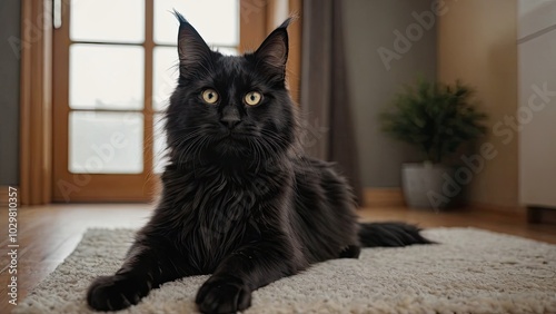 Black maine coon cat in the living room