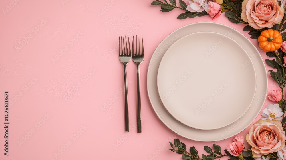 A stylish dining setup featuring a circular plate, forks, and a floral arrangement on a pink background. A stylish dining setup featuring a circular plate, forks, and a floral arrangement on a pink background.