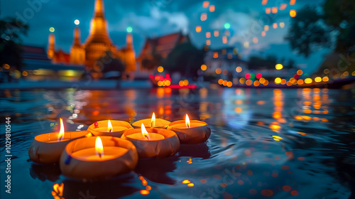 floating lotus shaped lanterns candles tranquil water surface in Loy Kratong festival in Thailand with full moon night casts gentle glow in background, celebration tradition spirituality river culture photo