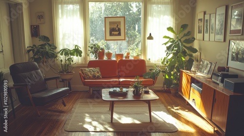A retro film photograph of a cozy living room with mid-century modern furniture, warm lighting, and grainy textures, creating a nostalgic homey atmosphere. photo