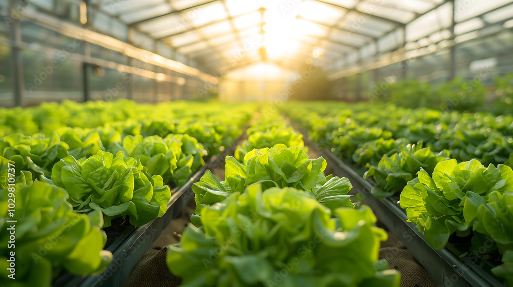 Lush rows of fresh lettuce and greens thrive in spacious greenhouse, basking in warm sunlight, organic vegetables farming agriculture healthy growth nature plant cultivation garden spring harvest Lush rows of fresh lettuce and greens thrive in spacious greenhouse, basking in warm sunlight, organic vegetables farming agriculture healthy growth nature plant cultivation garden spring harvest