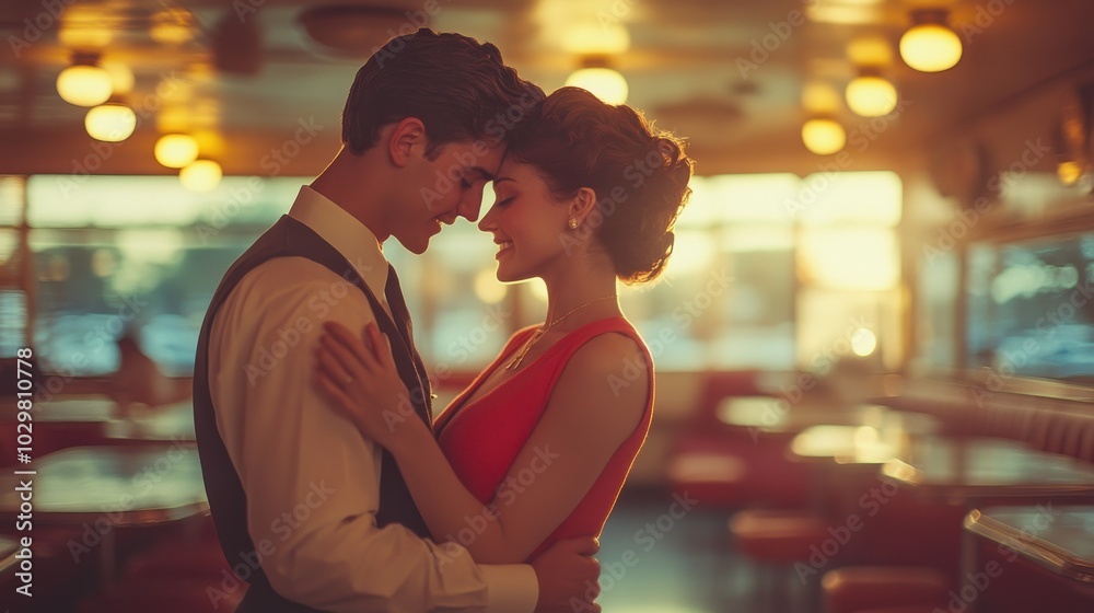 A retro film photo of a couple dancing in a 1950s diner, with warm, grainy textures and soft lighting, capturing the essence of a bygone era. A retro film photo of a couple dancing in a 1950s diner, with warm, grainy textures and soft lighting, capturing the essence of a bygone era.