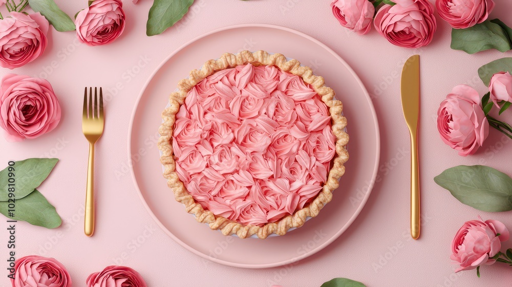 A beautifully decorated pink pie with floral icing, surrounded by pink peonies and leaves on a soft pink background. A beautifully decorated pink pie with floral icing, surrounded by pink peonies and leaves on a soft pink background.