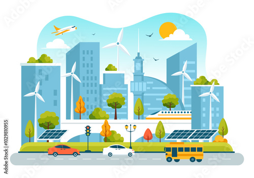 Energy Efficiency in the City Vector Illustration Featuring a Sustainable Environment with Electricity Generated from Solar and Wind Power