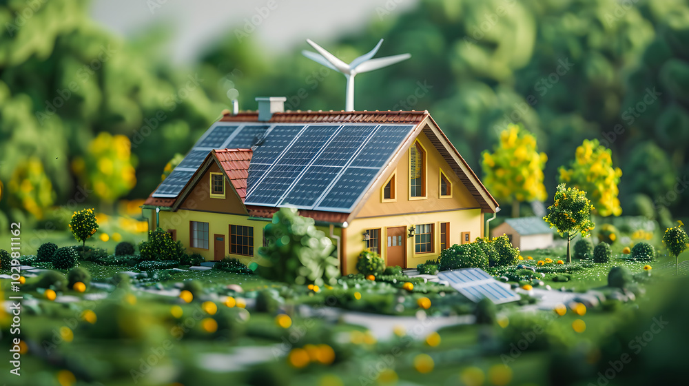 Clean energy residential electricity supply, 3D illustration concept. Renewable electric power resource for home generated by solar panels and wind turbines. Efficient power storage in batteries Clean energy residential electricity supply, 3D illustration concept. Renewable electric power resource for home generated by solar panels and wind turbines. Efficient power storage in batteries