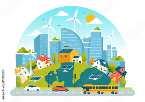 Energy Efficiency in the City Vector Illustration Featuring a Sustainable Environment with Electricity Generated from Solar and Wind Power