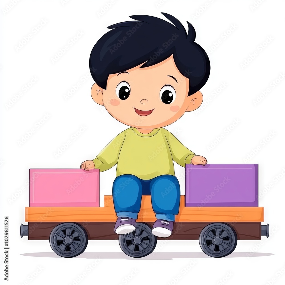 A cheerful child sits on a toy train, playing with colorful blocks. A cheerful child sits on a toy train, playing with colorful blocks.