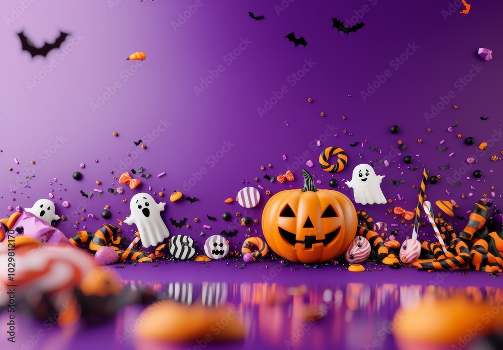 A cute cartoon pumpkin surrounded by candy and ghosts in the background, 3D render, Halloween theme, purple color background A cute cartoon pumpkin surrounded by candy and ghosts in the background, 3D render, Halloween theme, purple color background
