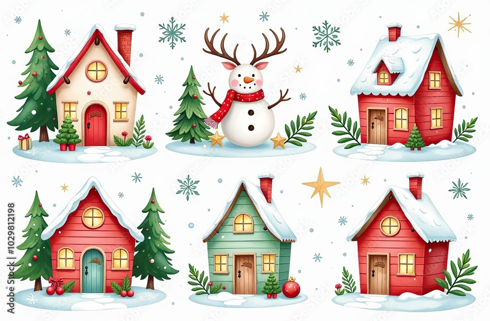Large set of hand-drawn watercolor illustrations on the theme of Christmas. Cozy Christmas houses. Stars, snowflakes, spruce and branches, festive mood for stickers, decorations, design Large set of hand-drawn watercolor illustrations on the theme of Christmas. Cozy Christmas houses. Stars, snowflakes, spruce and branches, festive mood for stickers, decorations, design
