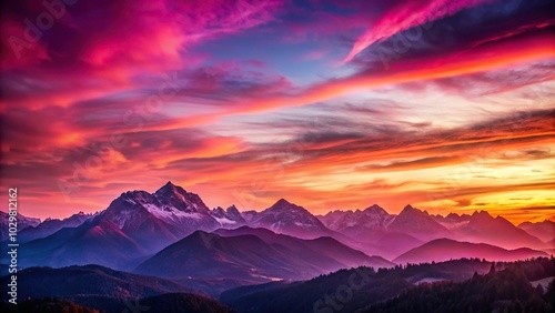 Vibrant sunset over mountain range with purple and pink hues in wide-angle shot