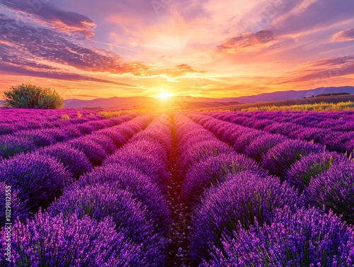 Blooming Violet Lavender Field at Sunset - ai