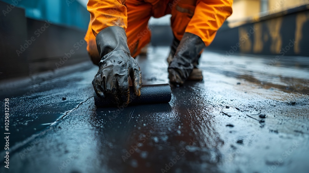 EPDM Roofing Material in Worker s Protective Gloved Hand Close Up EPDM Roofing Material in Worker s Protective Gloved Hand Close Up