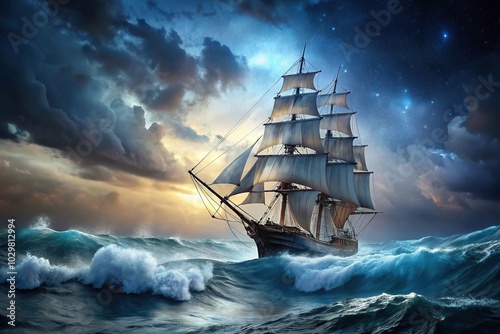 Sail ship braving stormy sea waves at night