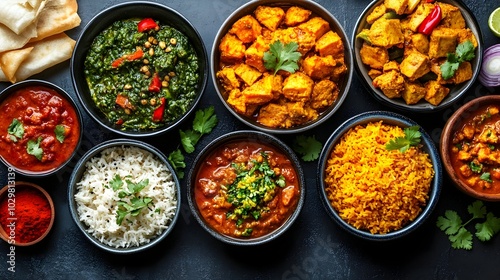 Assorted Indian Cuisine Dishes Served on Dark Background with Top View