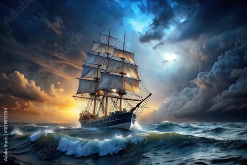 Sail ship navigating stormy sea at night