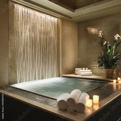 A serene indoor spa bath with water