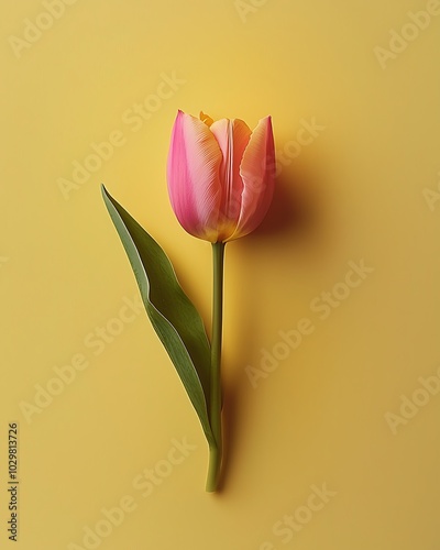 A delicate pink tulip with yellow accents rests against a bright yellow background, showcasing natural beauty and simplicity. #1029813726