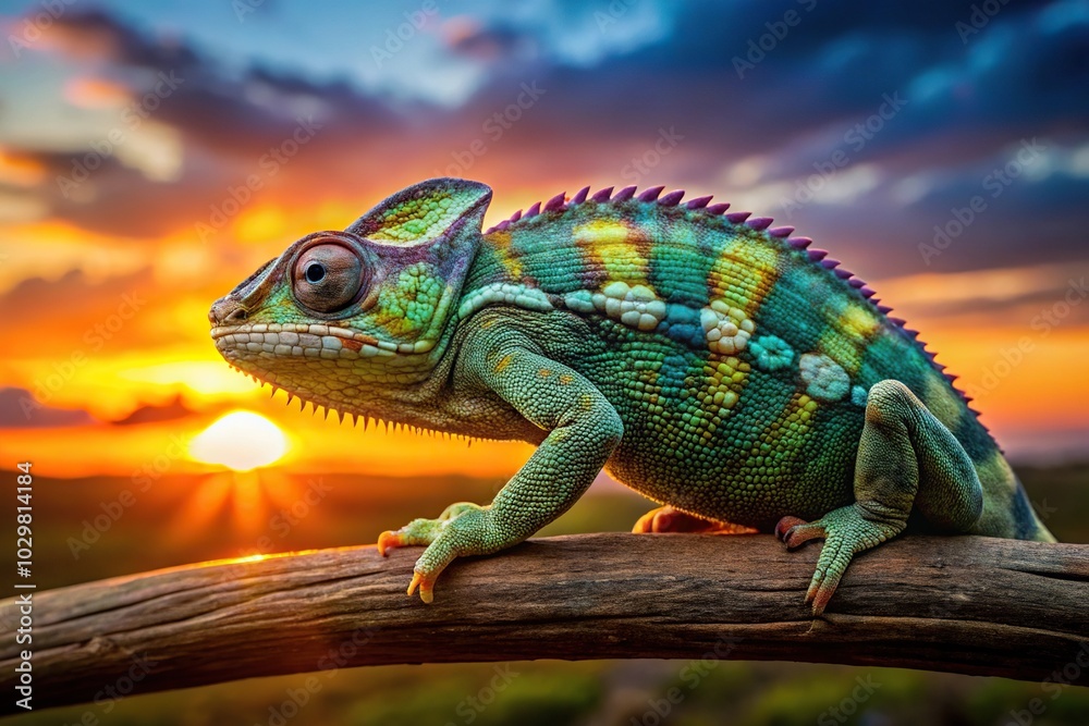 Symmetrical Panther Chameleon against sunset background Symmetrical Panther Chameleon against sunset background