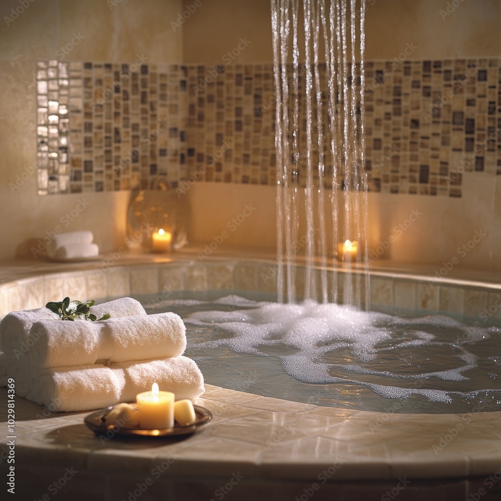 A serene indoor spa bath with water