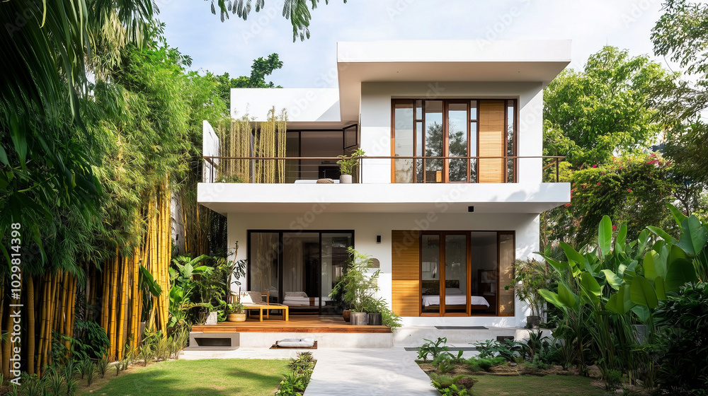 Fototapeta premium A modern two-story small house with white walls