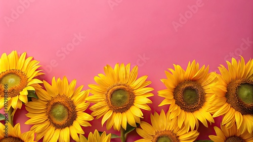 Vibrant yellow sunflowers against pink background