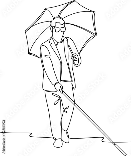 Blind disabled man with walking stick one line art vector