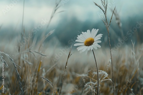 A lone daisy blooms amidst frosty grass, showcasing nature's resilience in a serene, chilly landscape. photo