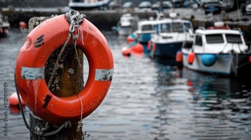 Red Lifebuoy in a Harbor