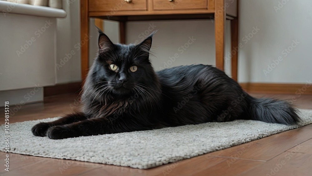 Naklejka premium Black maine coon cat laying on the floor indoor