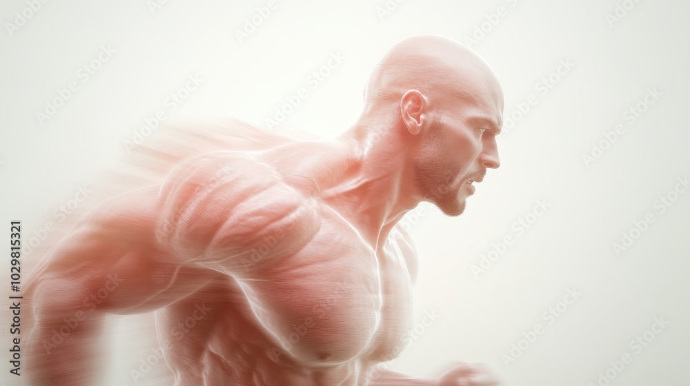 Fototapeta premium A man running with a blurred background. The man is muscular and has a serious expression on his face