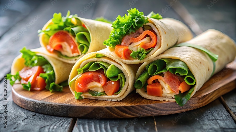 Salmon lavash rolls with fresh salad leaves on a plate Salmon lavash rolls with fresh salad leaves on a plate