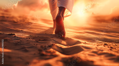 Closeup of Jesus feet walking on sand towards the rising sun. Concept Religious Art, Spiritual Photography, Inspirational Images photo