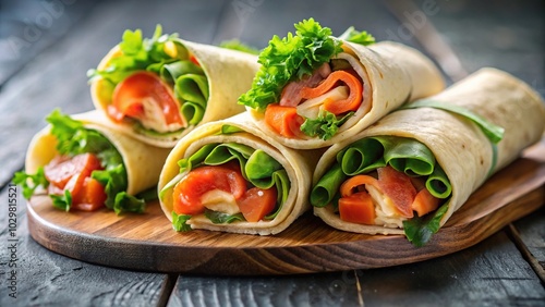 Salmon lavash rolls with fresh salad leaves on a plate