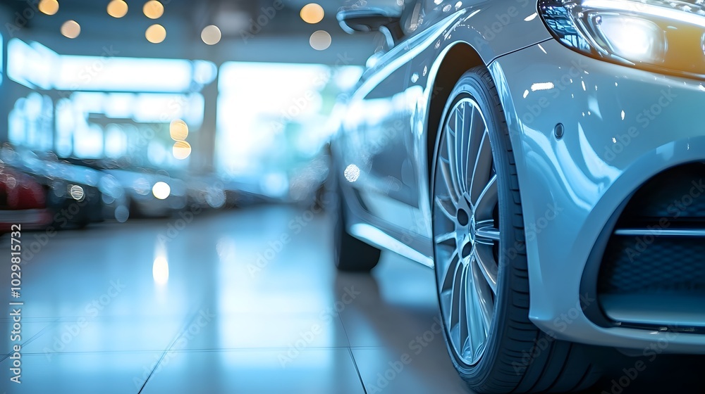 Cropped View of Luxury Automobile in Dealership Showroom for Leasing and Sales Cropped View of Luxury Automobile in Dealership Showroom for Leasing and Sales