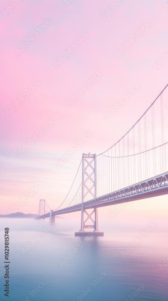 Fototapeta premium A bridge spans a body of water with a pink sky in the background. The bridge is a suspension bridge with a white and gray color scheme