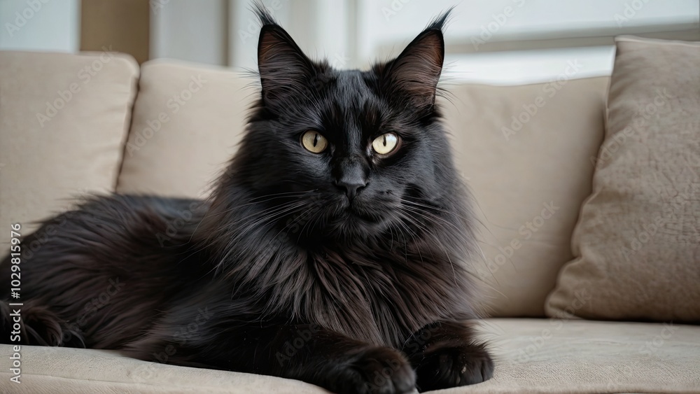 Black maine coon cat lying on sofa at home Black maine coon cat lying on sofa at home