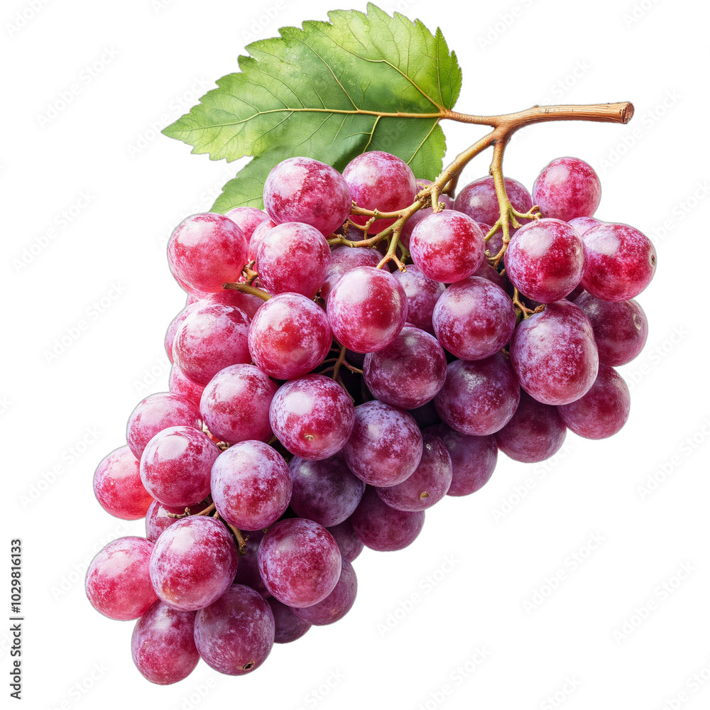 Fototapeta premium Bunch of fresh red grapes with green leaf isolated on transparent background