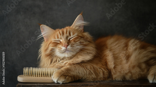 orange Fluffy cat enjoying grooming, sleeping cat, cat relaxtion photo