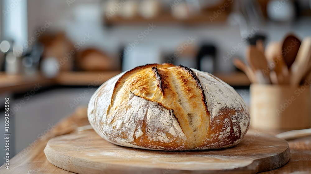 Freshly Baked Artisanal Sourdough Loaf Cooling on Wooden Rack in Contemporary Kitchen Freshly Baked Artisanal Sourdough Loaf Cooling on Wooden Rack in Contemporary Kitchen