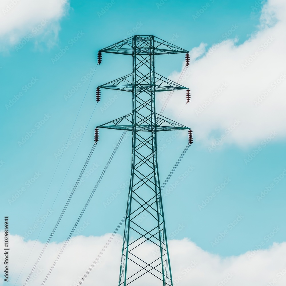 A power transmission tower against a blue sky with clouds. A power transmission tower against a blue sky with clouds.