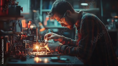 Electronics Repair Technician Soldering Wires to Fix Electronic Device in High Tech Lab