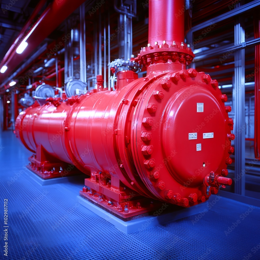 Industrial red compressor in a modern facility, showcasing machinery and infrastructure. Industrial red compressor in a modern facility, showcasing machinery and infrastructure.