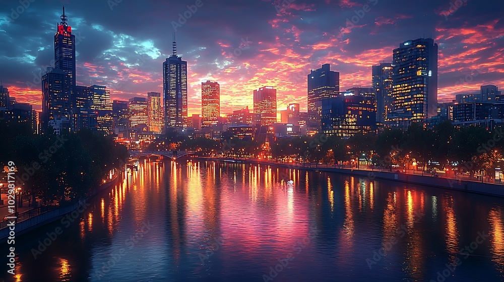 Fototapeta premium Urban Skyline at Dusk with River Reflections and Colorful Sky