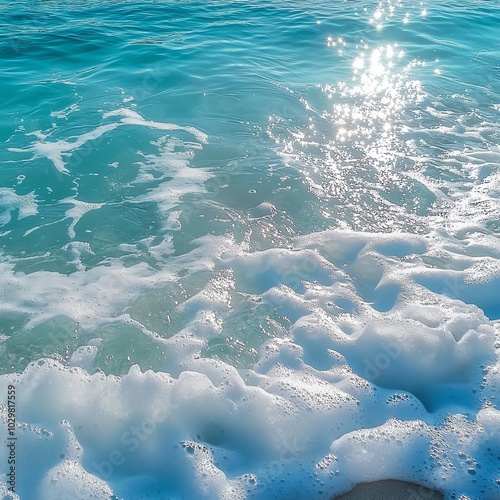 Bright turquoise sea reflecting the sunlight, with frothy waves crashing into the shore and creating beautiful foam patterns photo