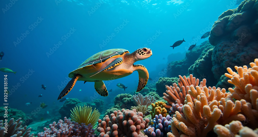 Fototapeta premium A colorful turtle swimming among a vibrant array of sea animals and corals in an underwater paradise