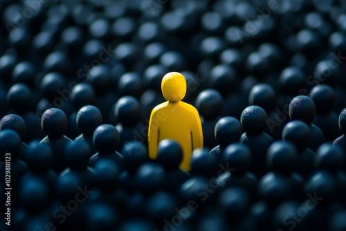 Standing Out: A Yellow Human Shape Illuminates Talent Among the Dark Crowd, Emphasizing Individual Brilliance and Unique Abilities. photo