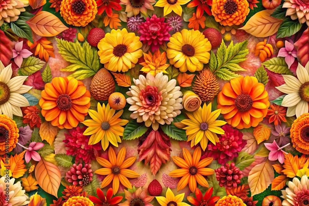 Symmetrical seamless pattern of colorful autumn flowers and leaves Symmetrical seamless pattern of colorful autumn flowers and leaves