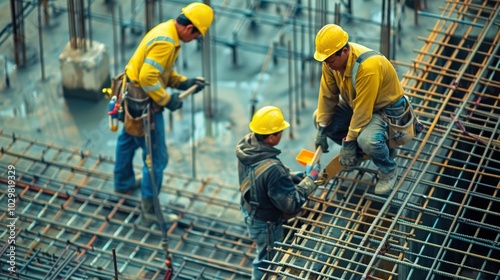 Dedicated Construction Workers Collaborating on Material Selection Amidst Building Project