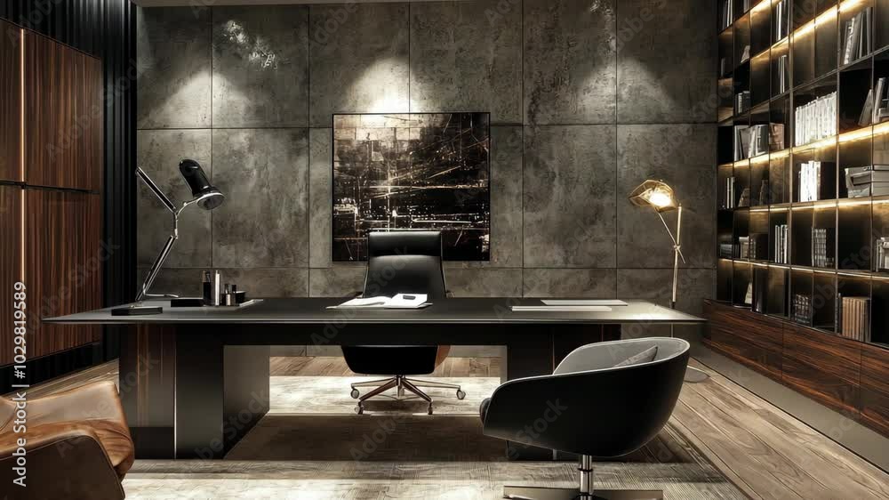 A modern office with a large desk, two chairs, and a bookshelf A modern office with a large desk, two chairs, and a bookshelf